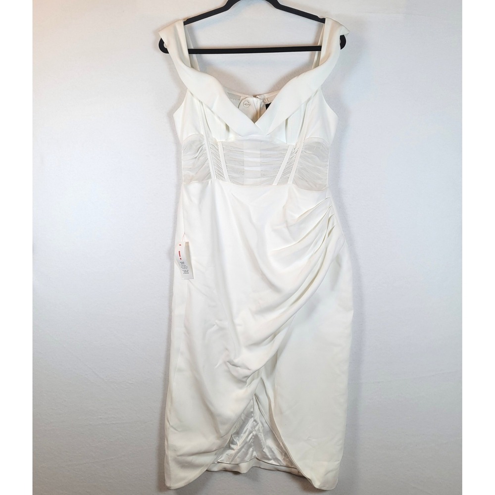 BARDOT Womens Off Shoulder Corset Ruched Midi Dress Size 10 White Bachelorette